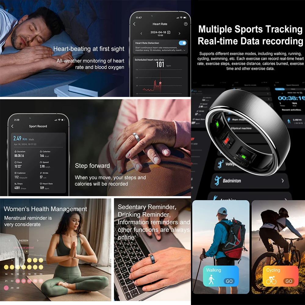 R10 جهاز تعقب للياقة البدنية الصحة الذكية الدائري HRV معدل ضربات القلب الأكسجين في الدم المزدوج PD رقاقة 5ATM مقاوم للماء السباحة ذكي البنصر