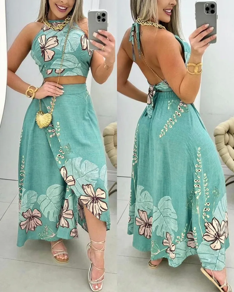 Summer 2PCS Women Allover Print Lace Up Halter Crop Backless Tops and Flare Slit Maxi Vacation Sets