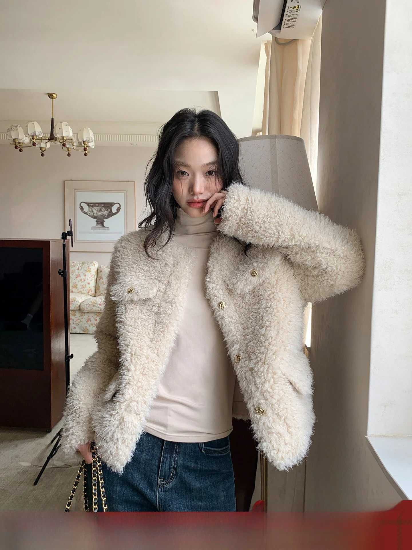 

Sli Korean ort Fur Jaet Women's Autumn Winter Lazy Loose Top Leather And Fur Inteated Retro Sle Ladies Coat