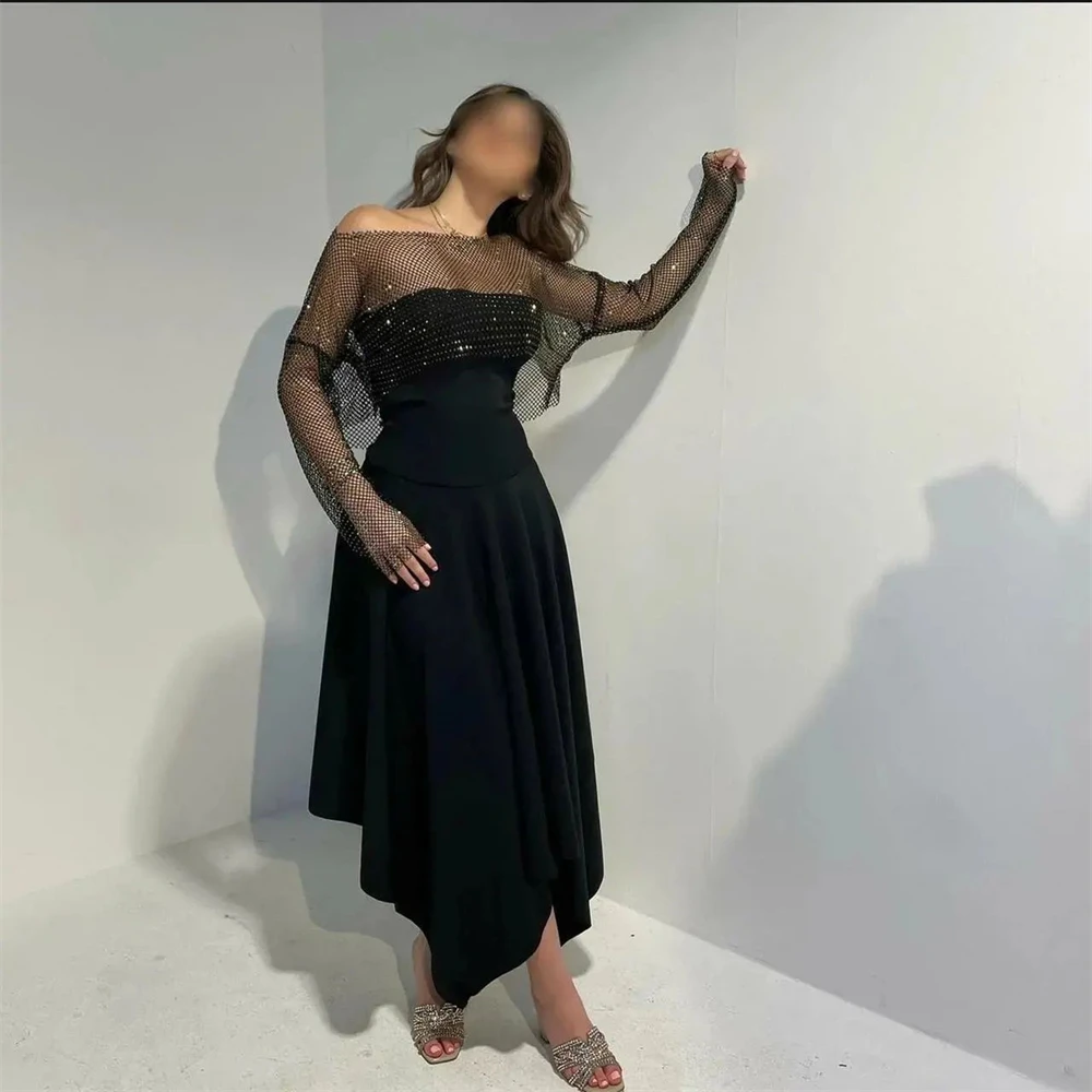 

Fashion Black Boat Neck A-Line Sequins Formal Occasion Prom Dresses Ankle-Length Women Evening Party Dress