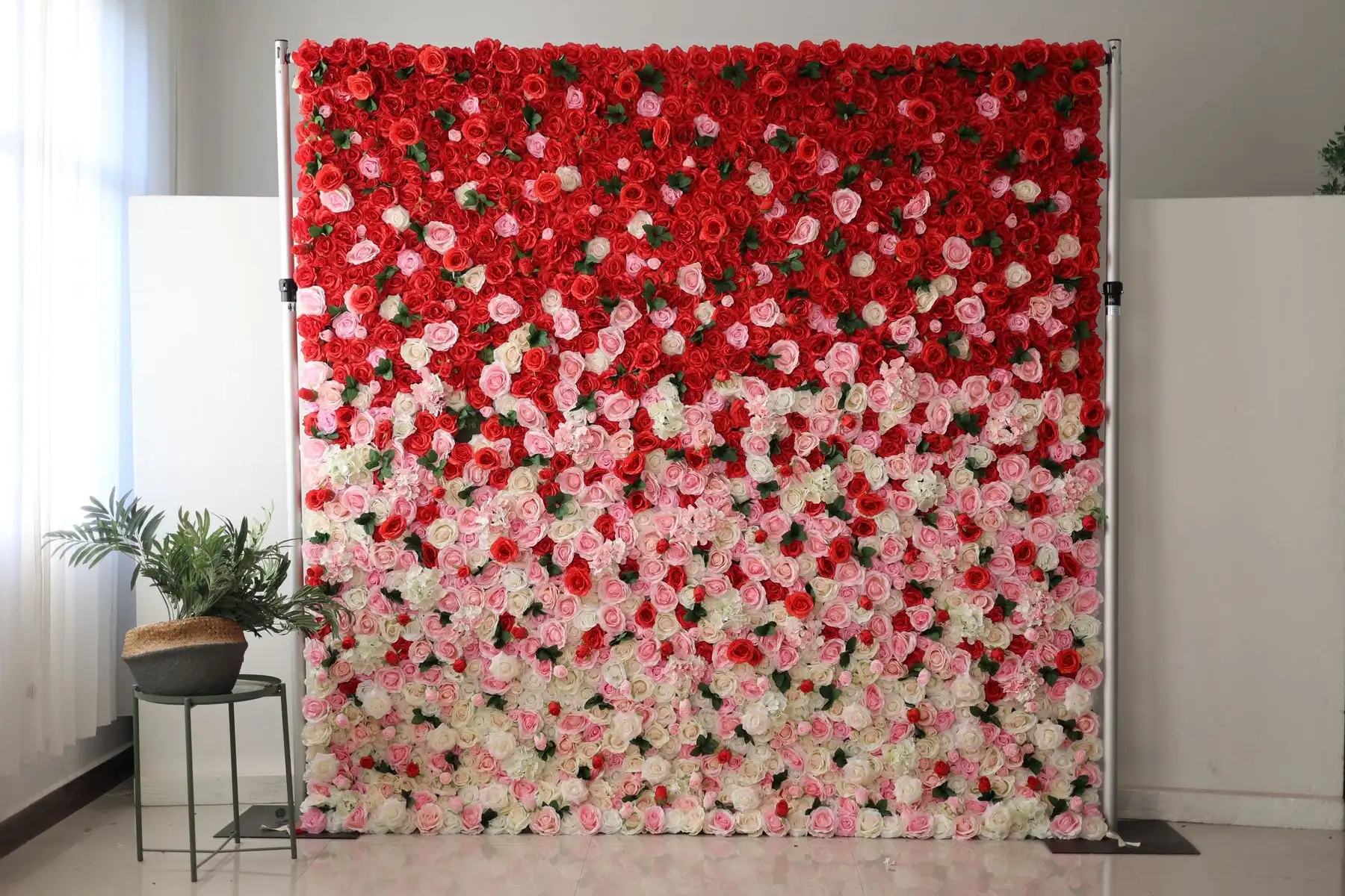 Deluxe edition red Pink gradient rose white hydrangea wall 3D Roll Up Curtain Cloth Flower Wall Outdoor Wedding Backdrop