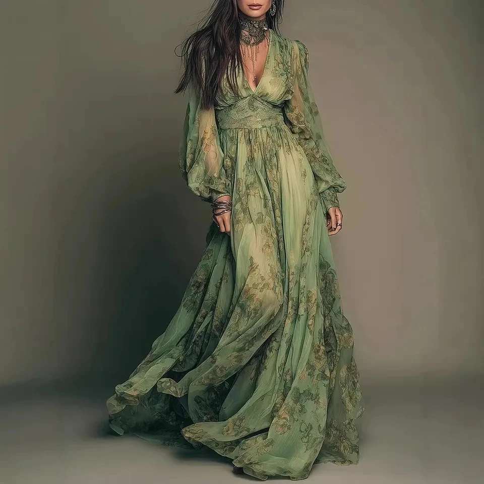

2026 New Womens Print V Neck Long Sleeve Dress Flowy Draped Waist Cinched Long Skirt Elegant Temperament Dress Outfit
