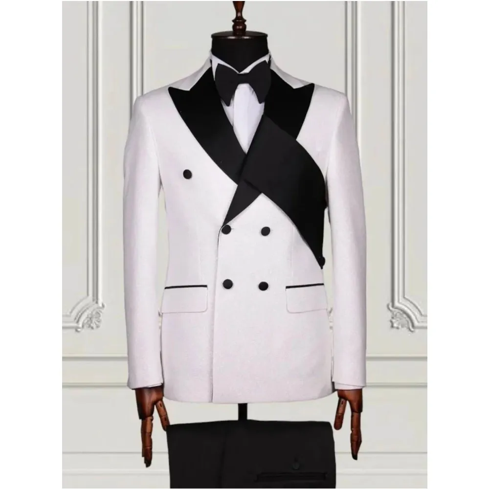 

Новый дизайн с поясом, мужские костюмы, комплект из 2-х предметов, белая куртка, черные брюки, двубортные комплекты для выпускного вечера, свадебные мужские наряды на заказ