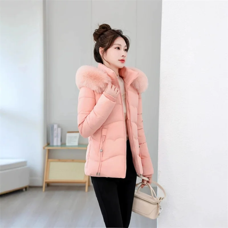 Giacca corta in cotone con cappuccio autunno inverno Cappotti Parka da donna Capispalla caldo antivento Giacca in cotone con collo in pelliccia imbottito tinta unita