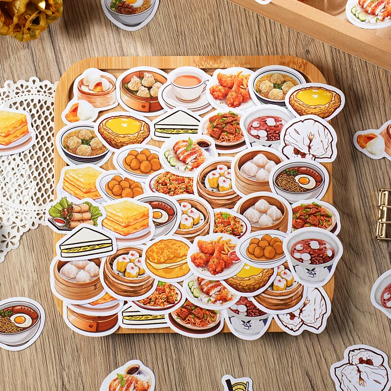 46PCS Vintage Hong Kong Food Paper Small Sticky Sticker Aesthetic Decoration Scrapbooking Stationery School Supplies for Kids