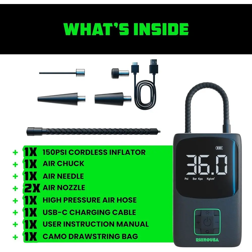 Kompresor Udara Portabel 150 PSI dengan Pengukur Digital - Pompa Mini yang Ditingkatkan untuk Ban Mobil dan Sepeda dengan Layar LCD Hitam & Hijau
