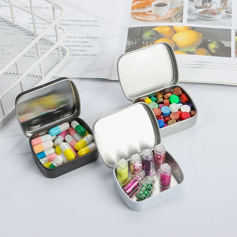 Mini Tin Storage Box Metal Hinged Candy Pill Case With Lid Portable Rectangular Jewellery Beads Container Home Organizer