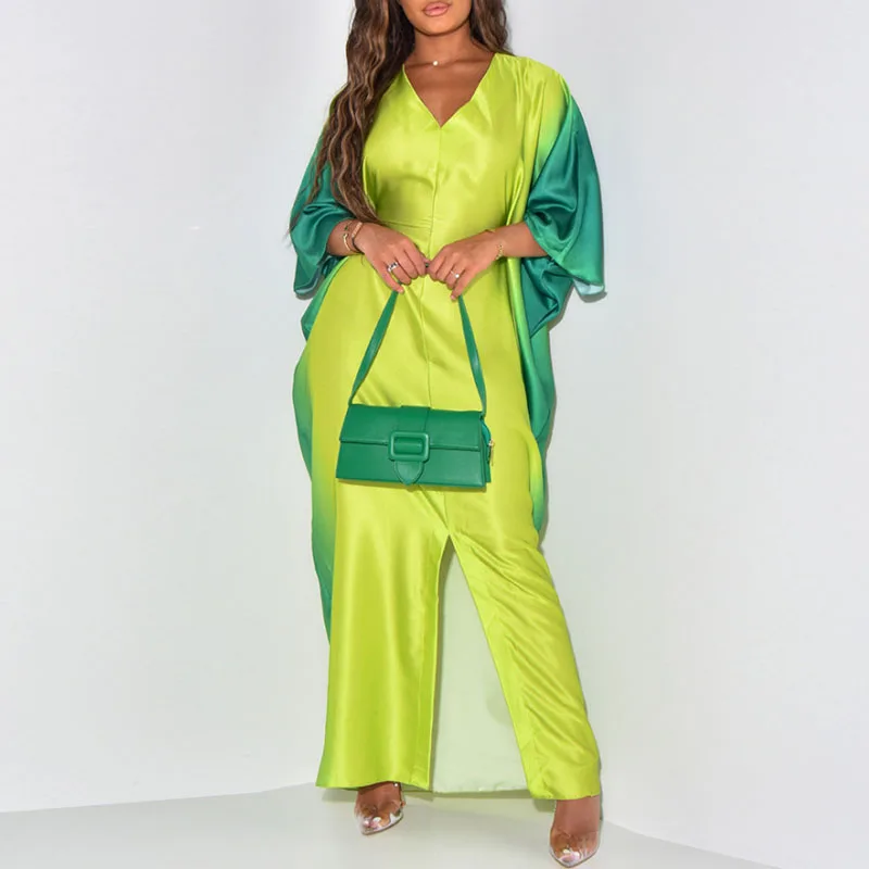 Spring Fashion Colored Bat Sleeve Maxi Dress Women Elegant V-neck Patchwork Boho Long Dress Autumn 3/4 Sleeve Split Party Dress