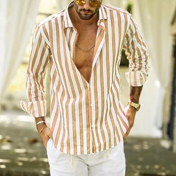 Men's Large Size Casual Printed Striped Long Sleeve Shirt CleanFit Style CityWalk Suitable PU Leather Nine Points Sleeve