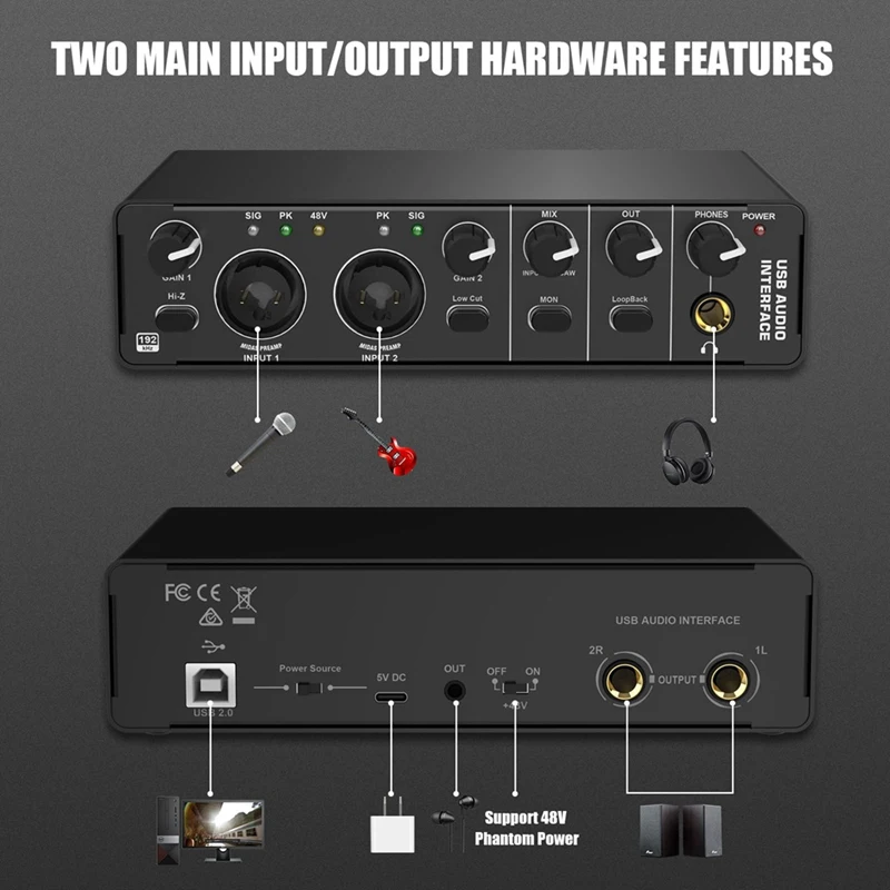 RISE-USB Audio Interface, 2 In 2 Out Audio Interface With 48V Phantom Power For Recording,For Guitarist, Vocalist, Podcaster