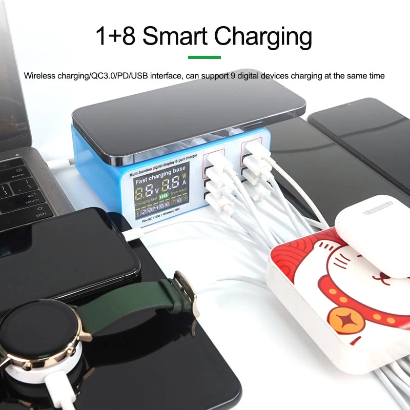 RELIFE RL-304S AC100-240V 8 Port USB szybka ładowarka wsparcie QC3.0 + PD bezprzewodowe ładowanie dla iPhone Samsung Huawei telefon Repair Tool