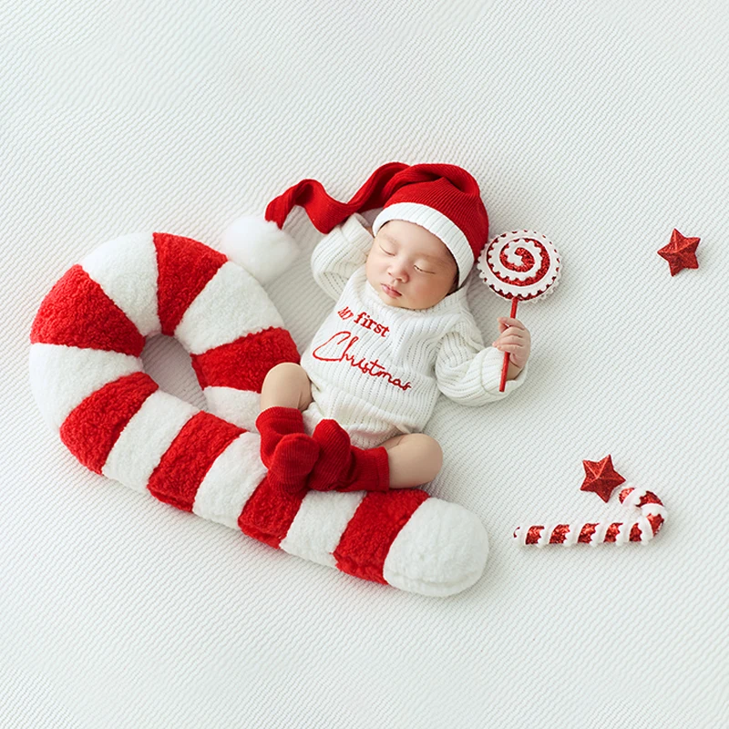 Baby gebreide romper + kerstmuts, pasgeboren kerst fotografie outfit, gigantische snoepgoed kussen lolly decor voor baby fotoshoots