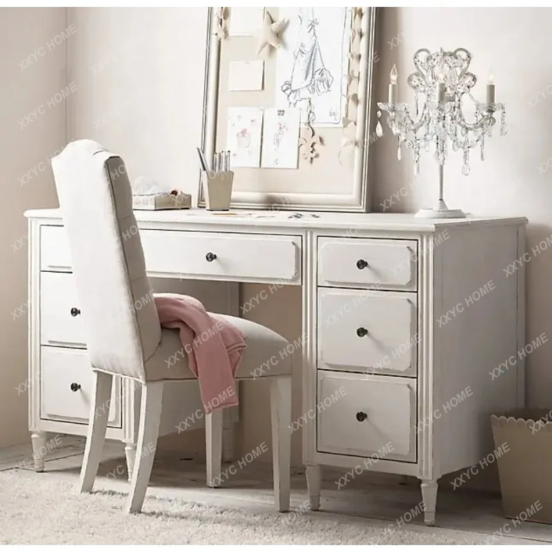 XX Antique Style Study  Solid Wood Computer Desk Writing Desk Oak Weathered White  Style Simple Office Desk