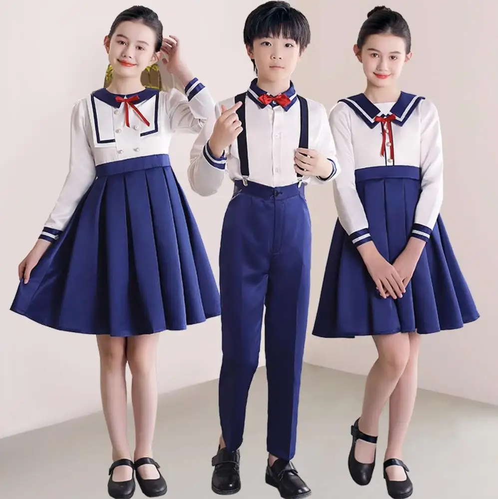 Uniforme scolastica per bambini studenti primari bambini Costume da coro ragazzi ragazze gonna blu Navy vestito da marinaio Costume da coro