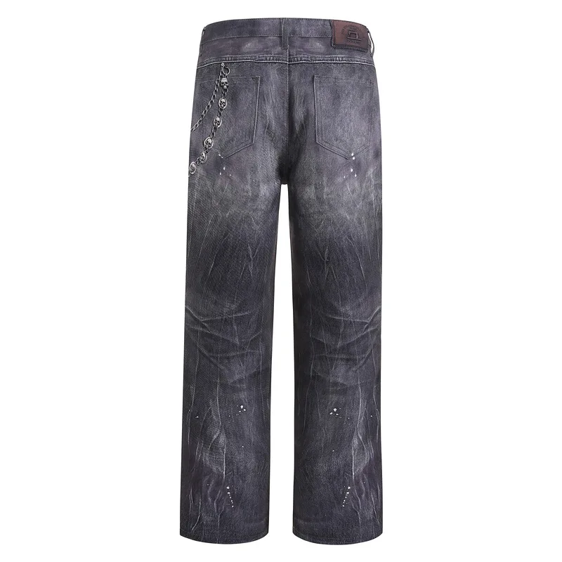 Men's Fashion High Street Painted Jeans Pants Streetwear Loose Fit Y2K Skull Painted Hip Hop Denim Trousers Washed Vintage