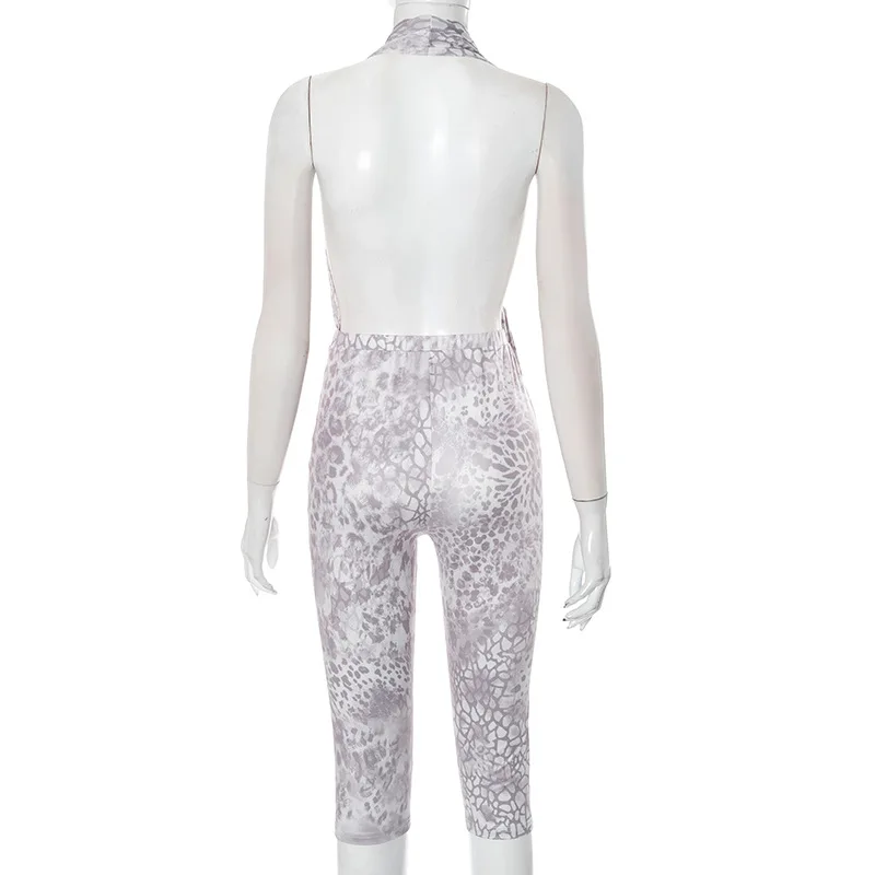 BKLD Women Clothing One Pieces Fashion Animal Printed Halter Neck Backless Hollow Out Lace Up Calf-Length Pants Jumpsuits