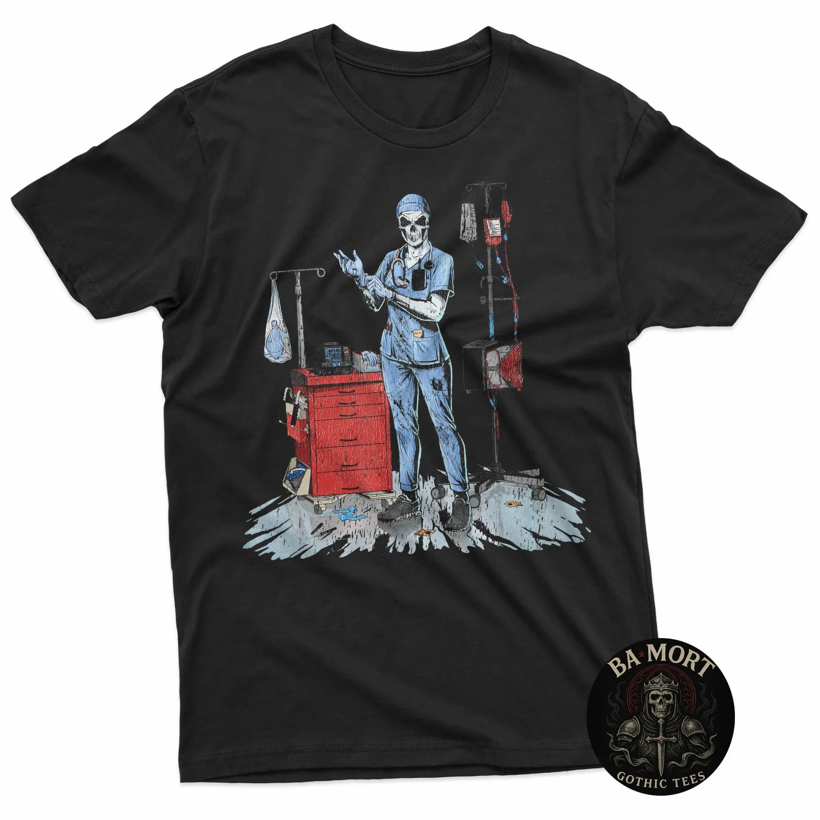 

Funny Skeleton Doctor Medical T-Shirt Blue Scrubs Casual Wear