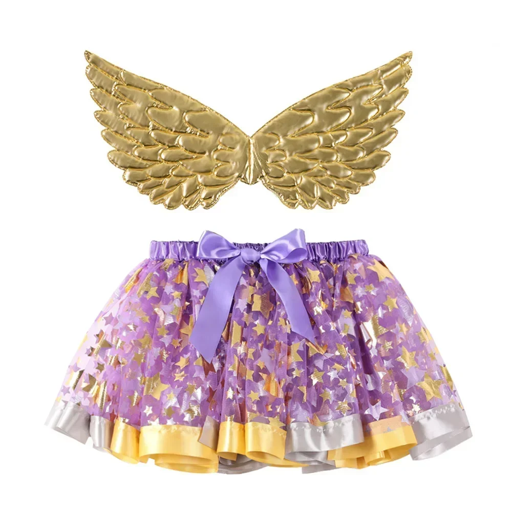 Girls Tutu Sequins Skirts Bow Layered Skirts Angel Wings Kids Mesh Skirt Girls Children Party Clothes Princess Pleated Skirt