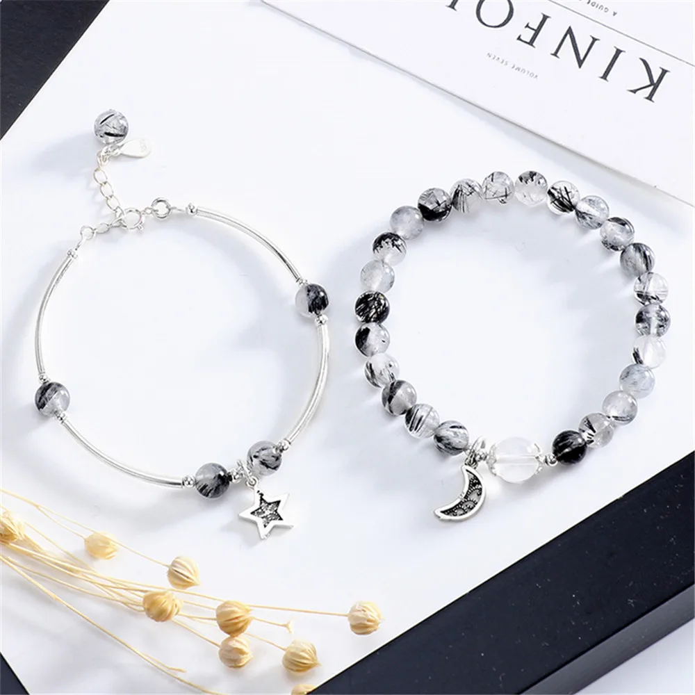 S925 Sterling Silver Black Rutilated Quartz Romantic Couple Bracelet Star Moon Pendant Simple Lovers Luxury Jewelry Wholesale