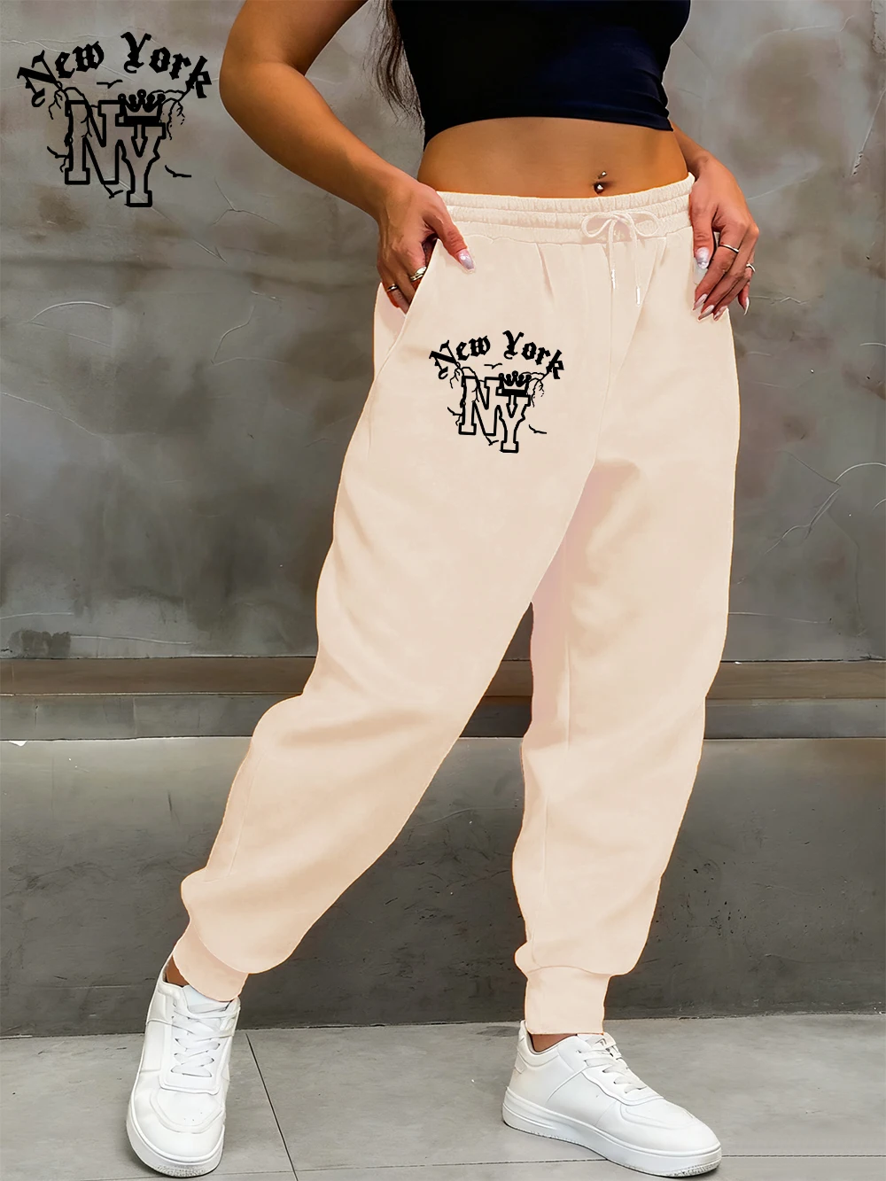 고딕 디자인 뉴욕 프린트 스웨트팬츠 여성 기본 포켓 조거 팬츠 신축성 있는 허리 루즈 플리스 바지 겨울 의류