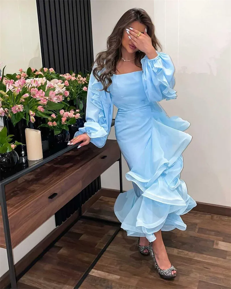 

Aso Ebi Dresses Mermaid Prom Party Formal Gowns Sky Blue Long Sleeves Square Neck Robe De Soiree Ruffles Women Wear For Cocktail