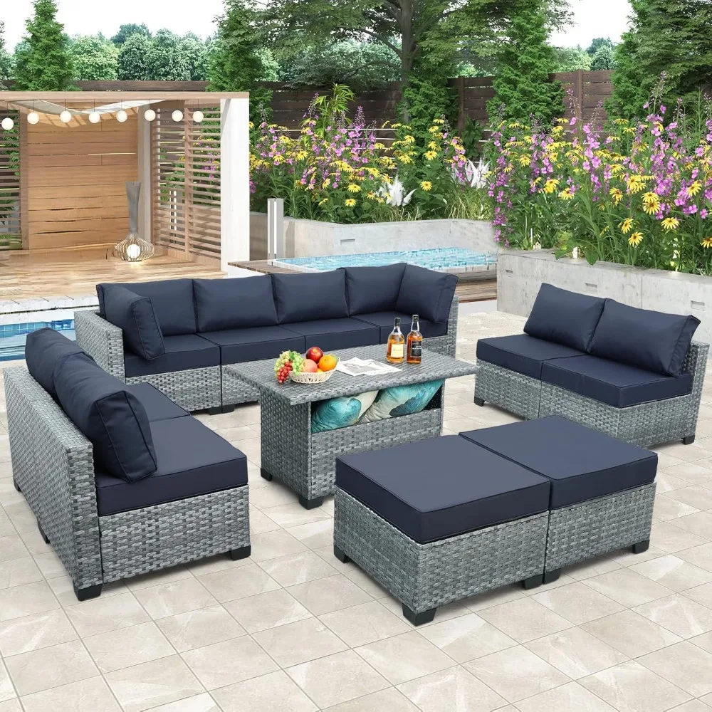 

Набор плетеной мебели из полиэтилена для улицы, состоящий из 11 предметов, секционный диван из серого ротанга для патио со столом для хранения и моющейся темно-синей подушкой