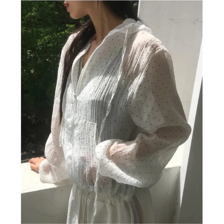 

Summer Loose Polka Dot Casual Versatile Nylon Hooded Zipper Windproof Jaet Women's Loose Fit Casual Sle Outerwear