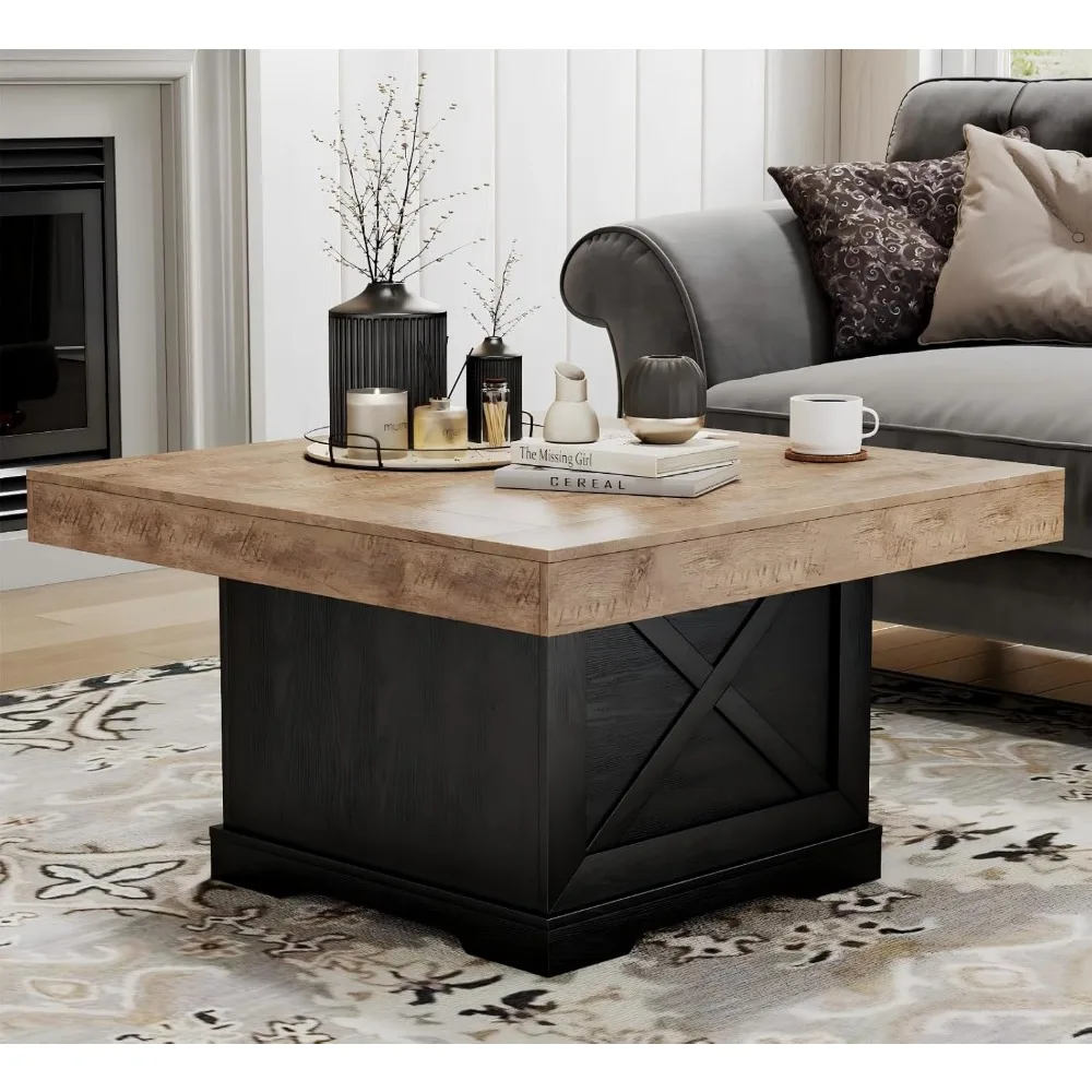 

Coffee Table 31.5 in Rustic Center Table with X Design Wooden Pedestal for Living Room, Dark Oak Square Home Office Sofa Side Ta