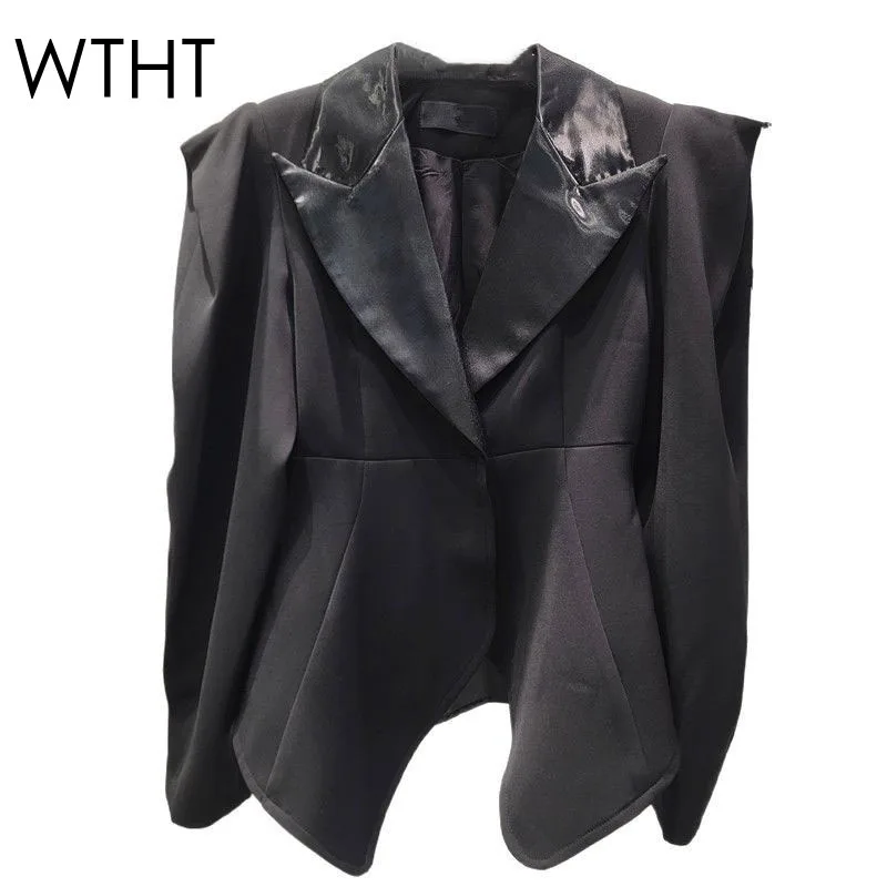 

WTHT New Fashion 2025 Summer Women's Solid Color Shoulder Pad Blazer Trendy Long Sleeves Turn-down Collar Jacket Female 1LS1420