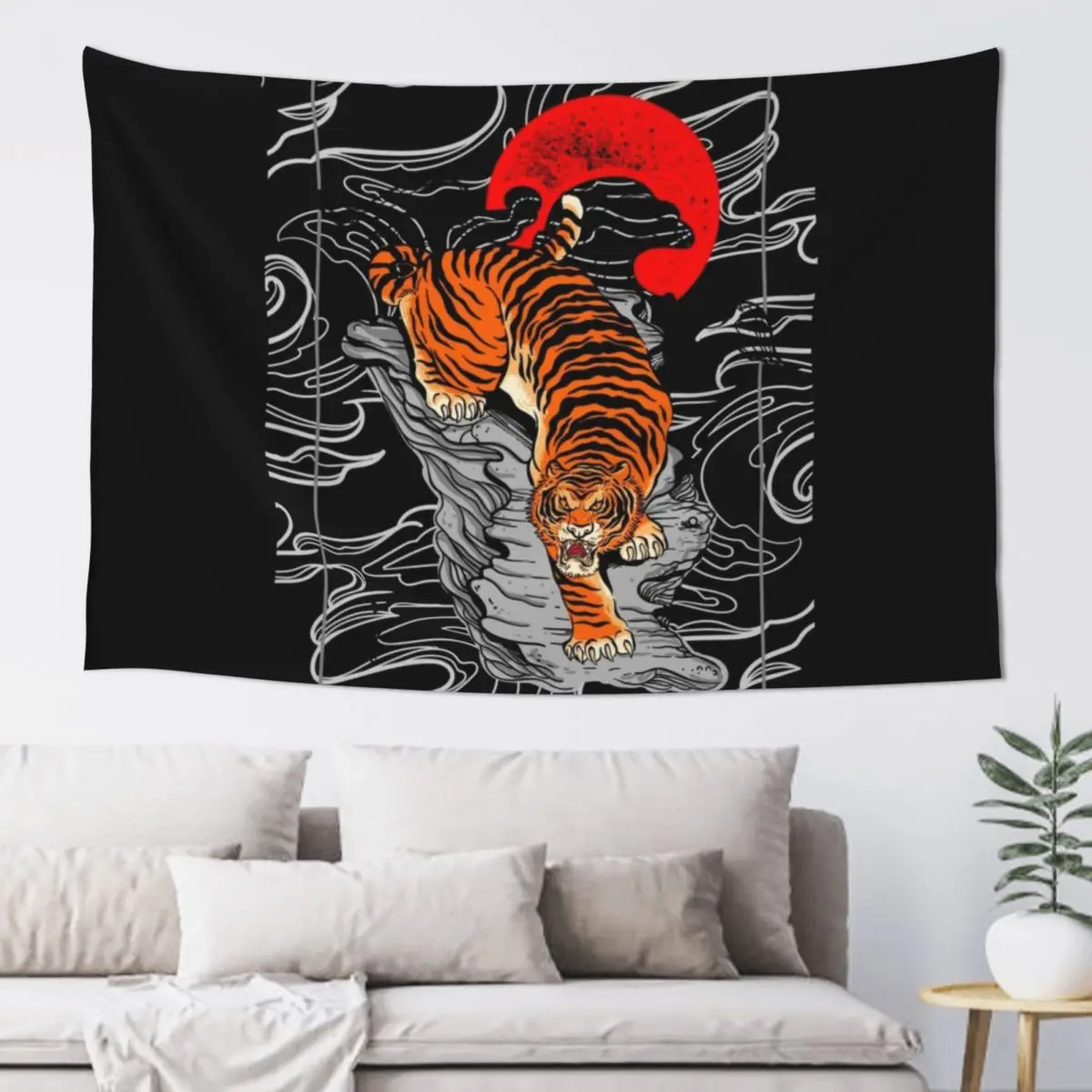 

Illustration tiger with moon old school Tapestry Room Decor Korean Style Wall Carpet Tapestry