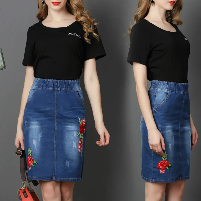 2024 Women Spring&summer European & American Denim Skirt Embroidered High Waist Elastic Soild Color Women Denim Skirt Plus Size