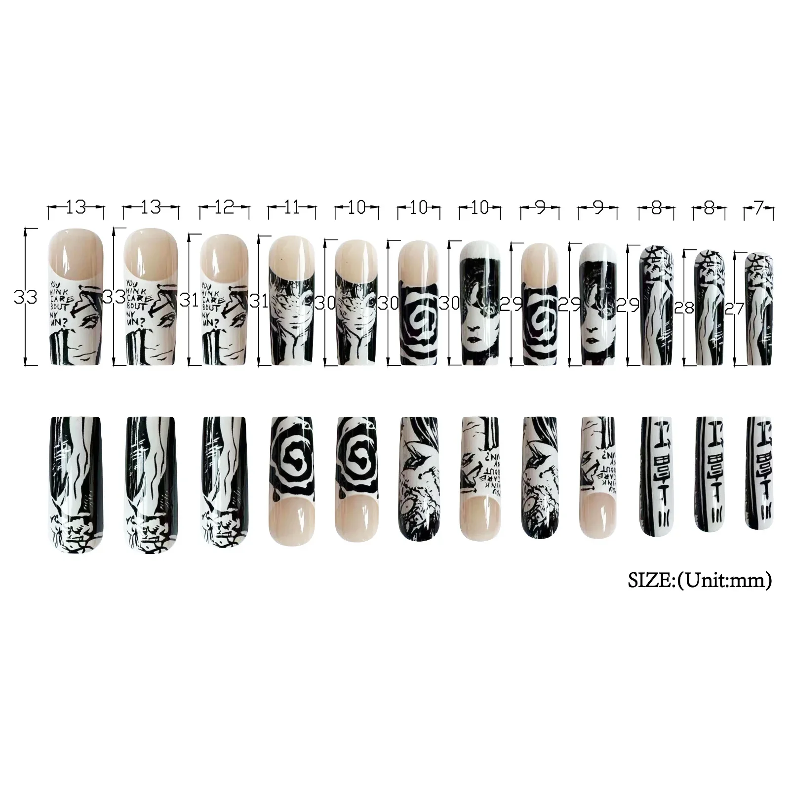 Horror Manga Gothic Style Fake Nails Black White Anime Nail Art Press on Nails Nail Accessories Popular False Nails Nail Tips