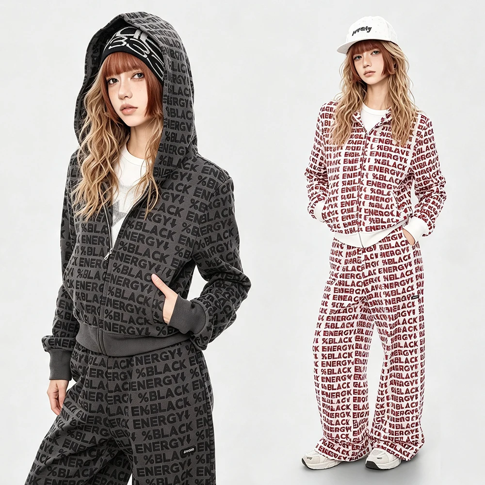 Vintage All-Over Letters Hoodie Sweatpants Two-Piece Set American Retro Casual Track Suit Unisex Oversized Streetwear Sweatsuit