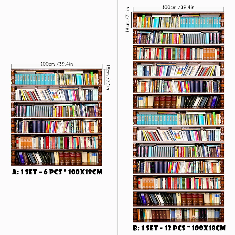 Wooden Bookshelf with Colorful Books Staircase Stickers 100x18cm Stair Risers Decoration Ideal for Home Office Live Stream Room