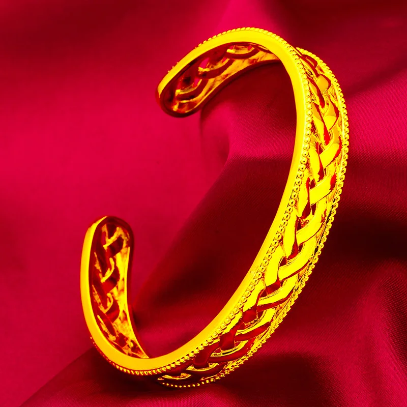 

Twist Wide Open Bracelet Women's 24K Gold AU999 - Retro twist wide bracelet, warm luster, for parties & office elegant looks