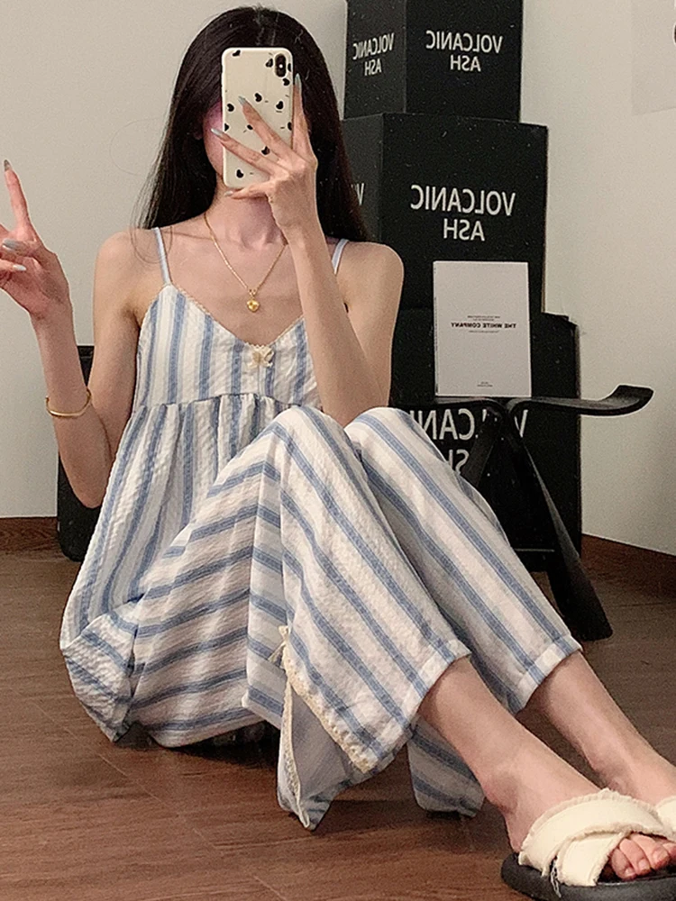 

Женские пижамы в синюю полоску, длинные брюки из смеси хлопка, комплект домашней одежды V-Ne Svel с накладкой на грудь, сладкий узел