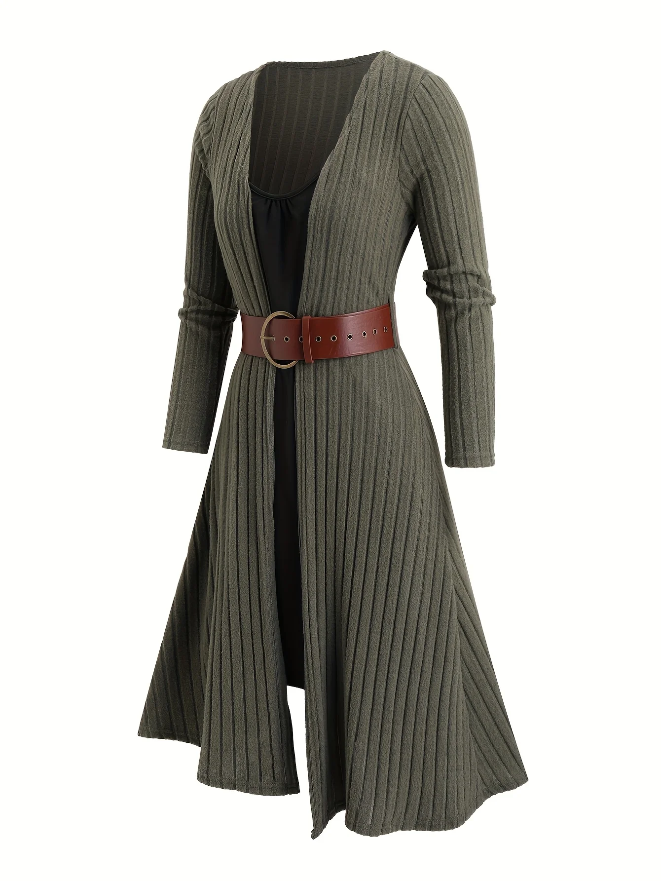 

European and American Fashion Plus Size Women's Autumn and Winter Casual Comfortable Two-Piece Long Sleeve with Belt Dress