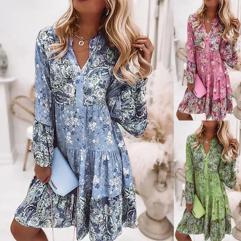 

2022 Women Fashion Dress Bohemian Floral Printed V Neck Mini Dresses Casual Loose Elegant Flare Sleeve Lady Beach Holiday Dress