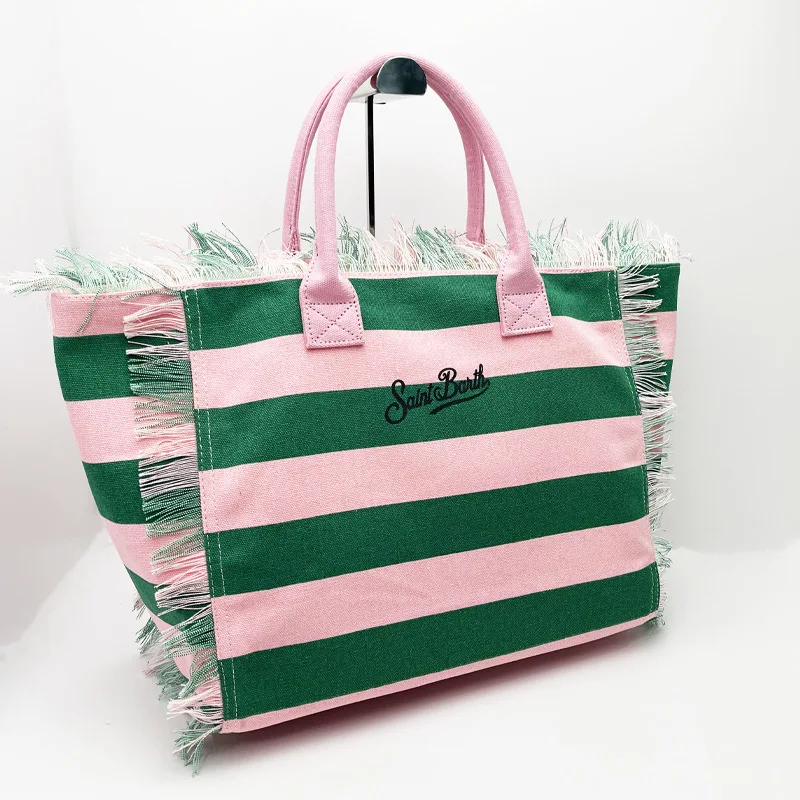 New Green and Pink Striped Women\'s Handbag, Women\'s Large Capacity Tassel Design Handbag, Women\'s Summer Zipper Shoulder Bag