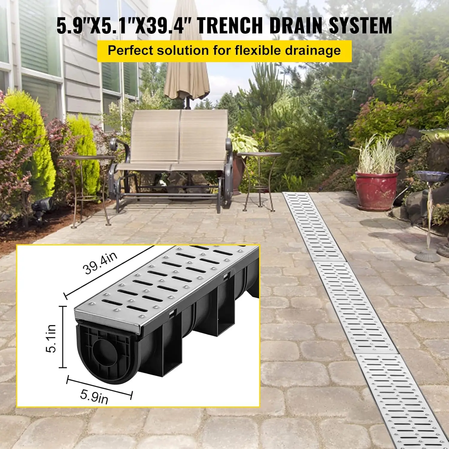 Trench Drain System, Channel Drain with Metal Grate, 5.9x5.1-Inch HDPE Drainage for Garage Floors, Black Plastic Trench