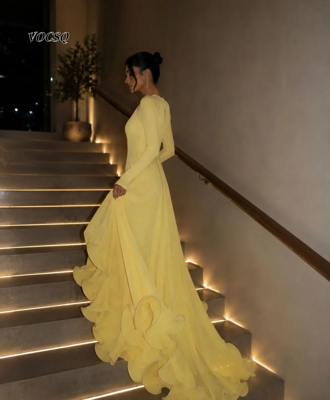 Prom Dress 2026 Mermaid Formal Gown Round Neck Long Sleeve Big Ruffle Hem Back Keyhole Chiffon Evening Dresses Customized