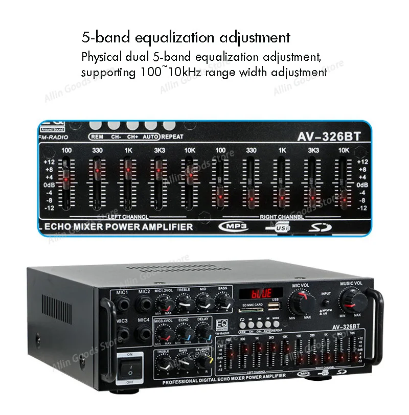 High-Power 12V/220V Bluetooth Household Power Amplifier with EQ Equalizer Dual-Purpose Car Outdoor Karaoke System