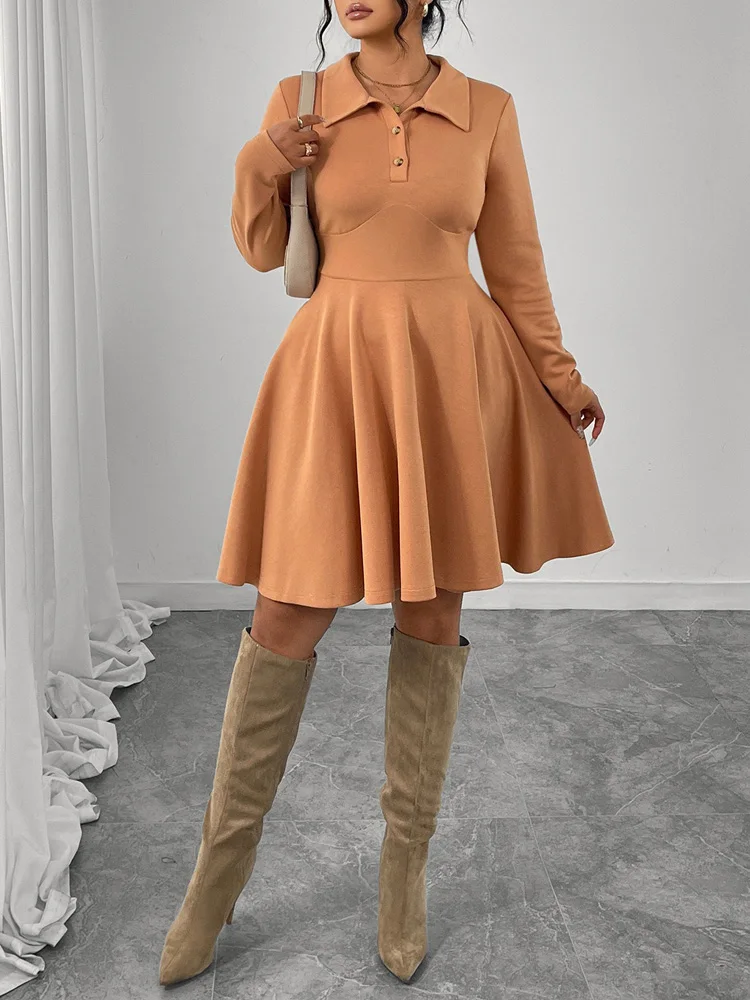 GIBSIE grande taille bouton revers col a-ligne robe femmes 2025 automne et hiver taille haute à manches longues décontracté grandes robes trapèze