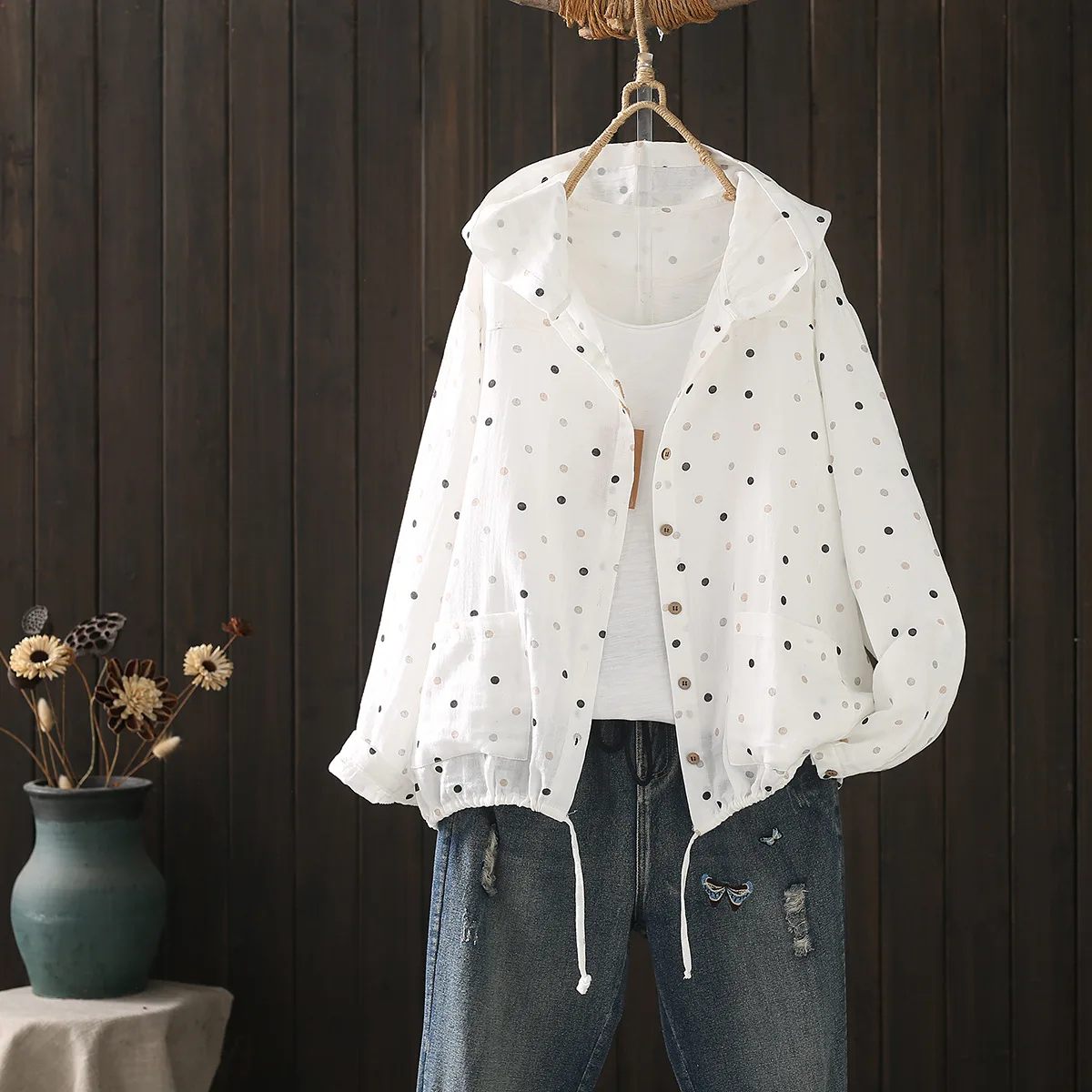 

Enianechu Vintage Polka Dots Print Hoodies Women Double Layers Cotton Yarn Long Sleeve Hooded Cardigan Shirts and Blouses