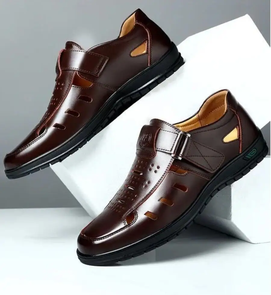 

Мужские сандалии из искусственной кожи, летние дышащие повседневные туфли для мужчин, сабо без застежек, уличные нескользящие сандалии ручной работы