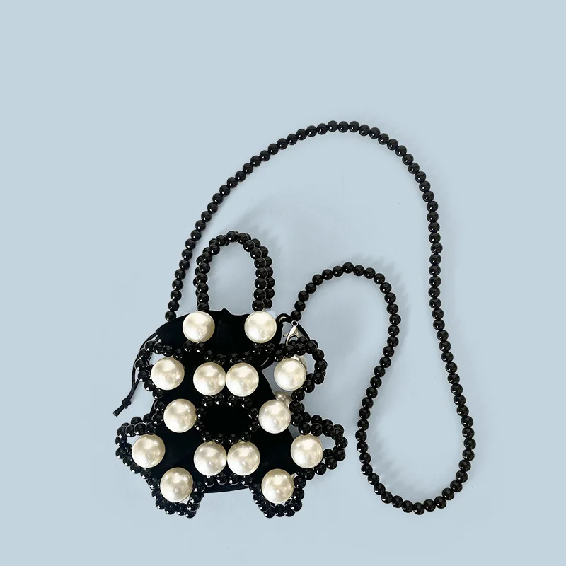 Women Mini Bag Trend Design Hollow Out Pearl Handbag Fashion Handmade Acrylic Beads Black Chain Crossbody Bag Wedding Clutch