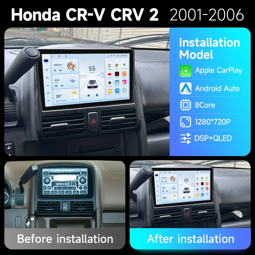 JIUYIN Wireless Carplay Android 13 Auto Car Radio For Honda CR-V CRV 2 2001 2002 2003-2006 Multimedia GPS autoradio 4G WIFI DSP