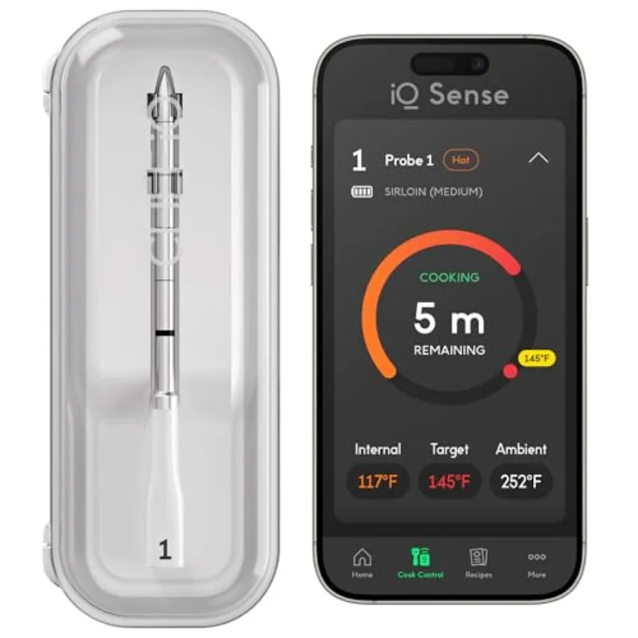 

Умный беспроводной термометр для мяса Sense Smart с ультратонким датчиком, Wi-Fi, неограниченный радиус действия, 1000 м ° Термостойкий датчик температуры F Heat Safe с 5 сенсорами для гриля, духовки, коптильни (AI)