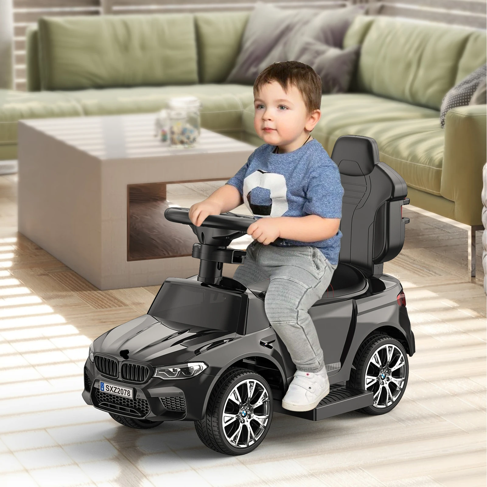 Push-Autos für Kleinkinder von 1–3 Jahren, Jungen und Mädchen, 4-in-1-Ride-On-Autos, lizenziertes BMW mit Hornmusik-LED-Lichtern und steuerbarem Push-Griff