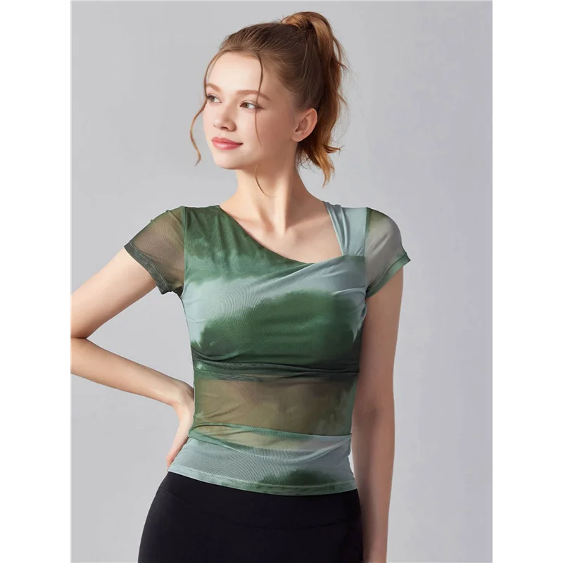 ABP-Camisas de malla con estampado floral y cuello asimétrico para mujer, blusas ajustadas de manga corta fruncidas